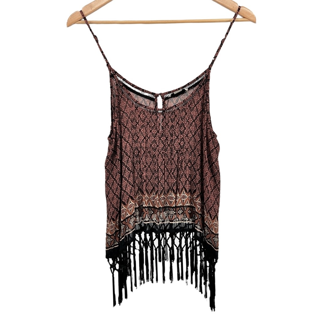 Forever 21 Macrame Fringe Crop Tank Top Sz M Tribal Festival Boho Print Neutral